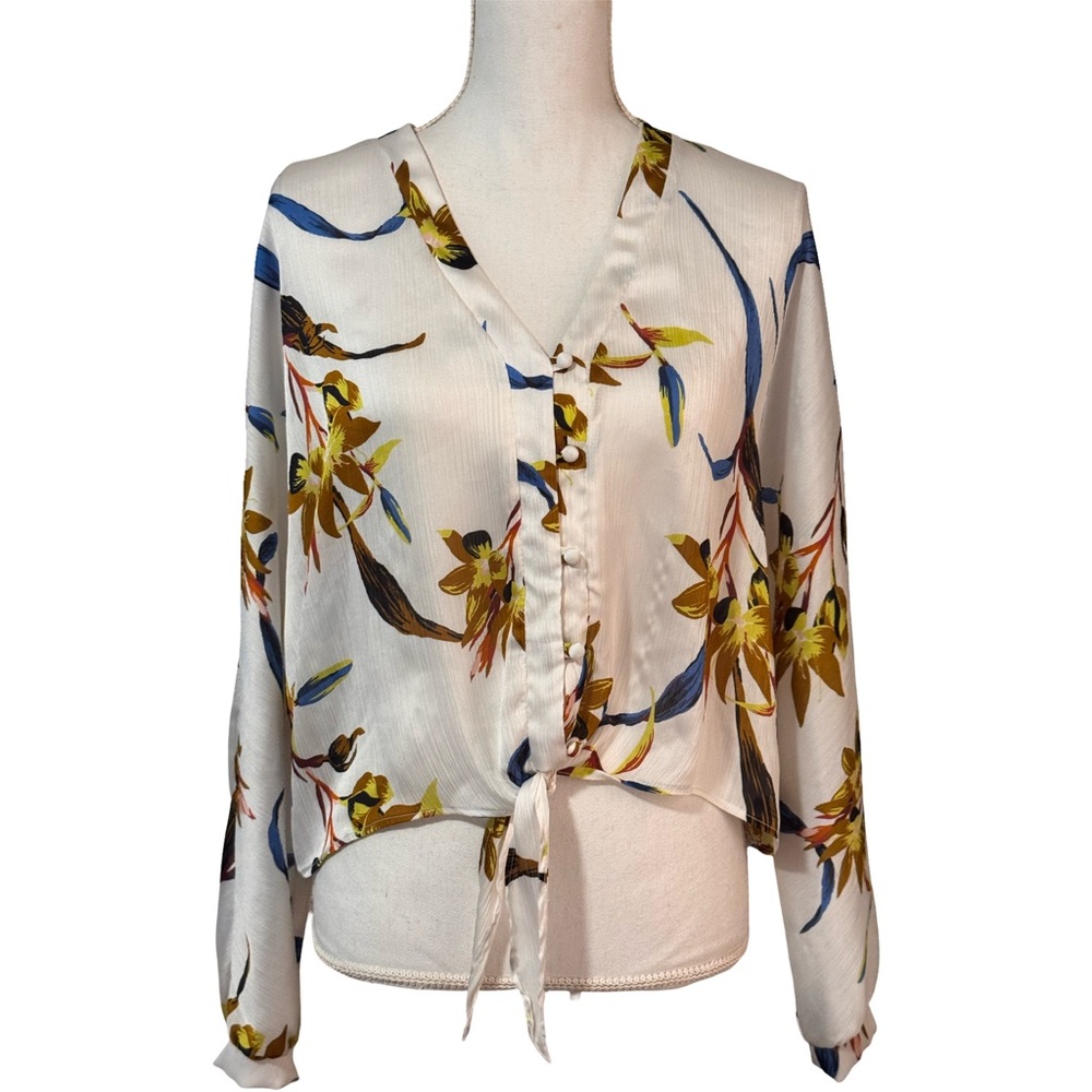 Cream and Yellow Tie-Front Long Sleeve Blouse